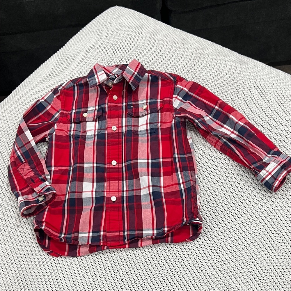 Tommy Hilfiger Kids Red and White Plaid Button Down Shirt